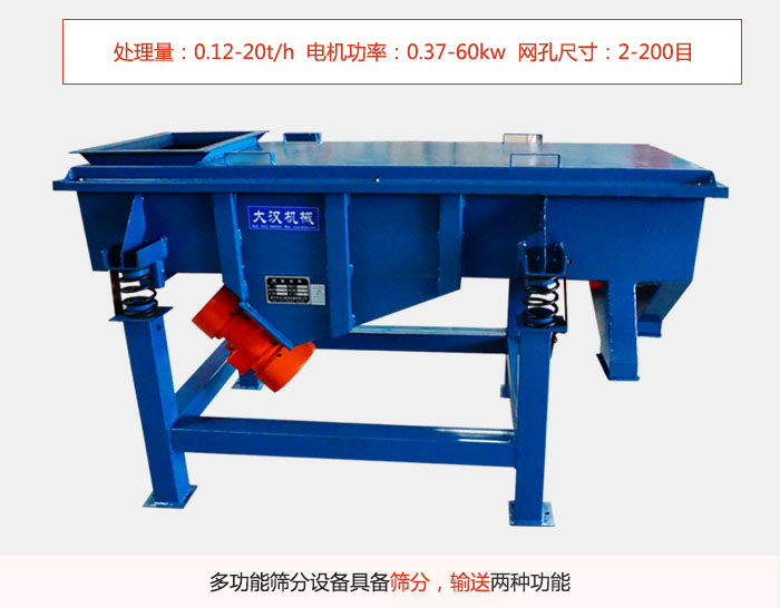 单层直线振动筛特点处理量：0.12-20t/h  电机功率：0.37-60kw  网孔尺寸：2-200目，多功能筛分设备具备筛分，输送两种功能。